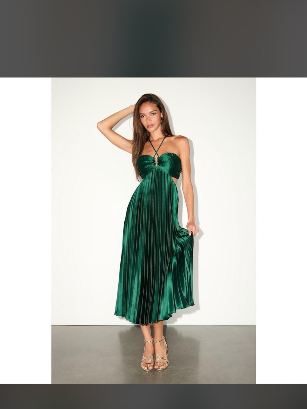 Lulu's Forest Green Satin Halter Pleated Midi Dress